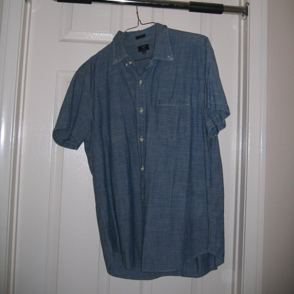 j crew blue denim short sleeve button down shirt xl